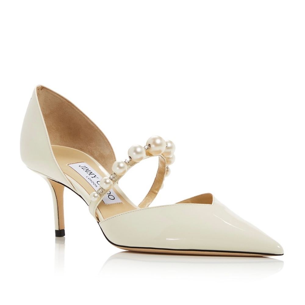 Jimmy Choo Ivory Patent Pearl-Embellished Kitten Heel Bridal